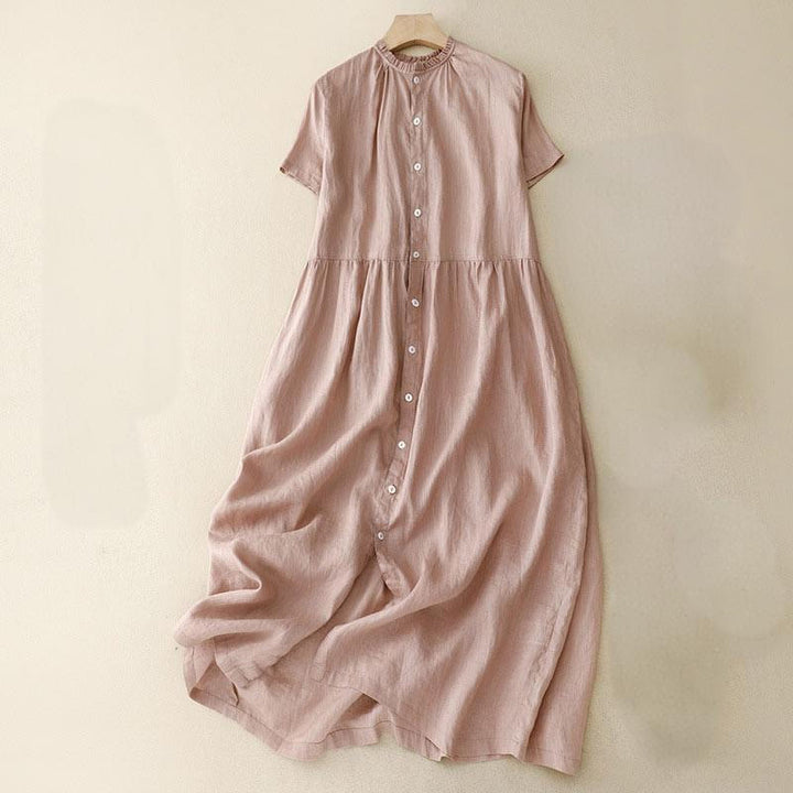 Buddha Stones Casual Plain Button Crew Ruffle Neck Short Sleeve Cotton Linen Women's Midi Dress - LightPink - US8-10,UK/AU12-14,EU40-42 (2XL) - image 15