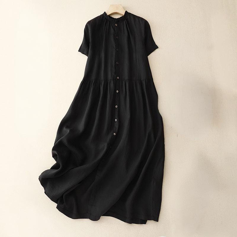 Buddha Stones Casual Plain Button Crew Ruffle Neck Short Sleeve Cotton Linen Women's Midi Dress - Black - US8-10,UK/AU12-14,EU40-42 (2XL) - image 11