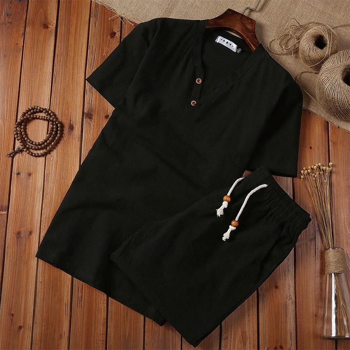Buddha Stones 2Pcs Plain Notched Collar Short Sleeve T-Shirt Shorts With Pockets Cotton Linen Men's Meditation Cloth Set - Black - US/UK/AU46,EU56 (5XL) - image 4