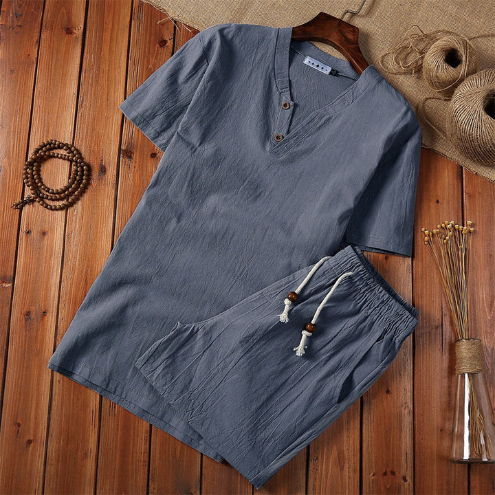 Buddha Stones 2Pcs Plain Notched Collar Short Sleeve T-Shirt Shorts With Pockets Cotton Linen Men's Meditation Cloth Set - SlateGray - US/UK/AU46,EU56 (5XL) - image 7