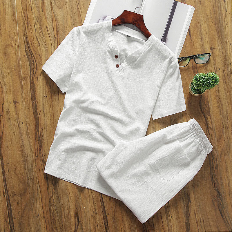 Buddha Stones Casual 2Pcs Plain Sleeve T-Shirt Shorts With Pockets Cotton Linen Men's Meditation Cloth Set - White - US/UK/AU46,EU56 (5XL) - image 2