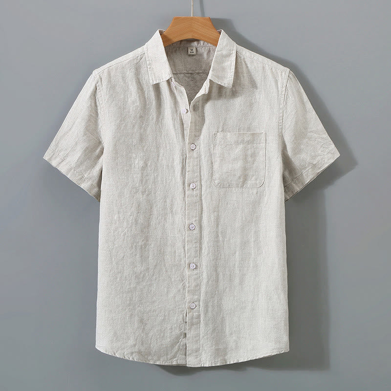 Buddha Stones Summer Casual Pure Color Button Cotton Men's Short Sleeve Shirt WIth Pocket - Linen - US/UK/AU44,EU54 (4XL) - image 1