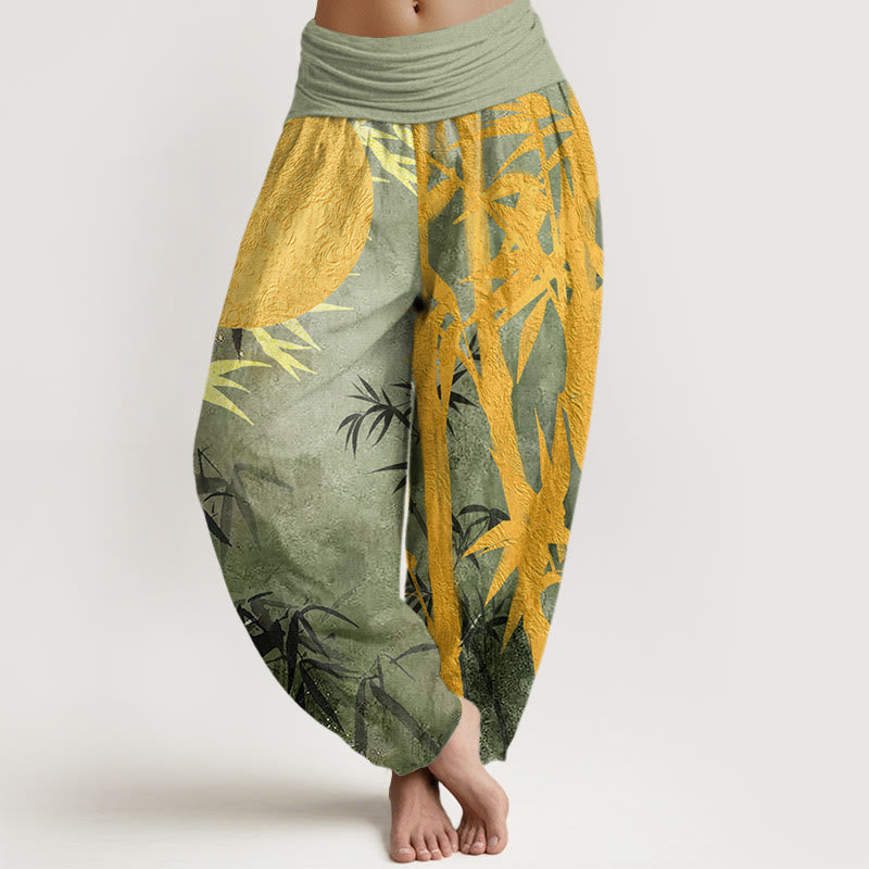 Buddha Stones Bamboo Leaves Full Moon Pattern Women's Elastic Waist Harem Pants - LightGreen - US22,UK/AU26,EU54 (6XL) - image 1