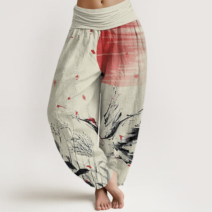 Buddha Stones Casual Red-crowned Reed Sun Crane Pattern Women's Elastic Waist Harem Pants - PaleGoldenrod - US22,UK/AU26,EU54 (6XL) - image 8
