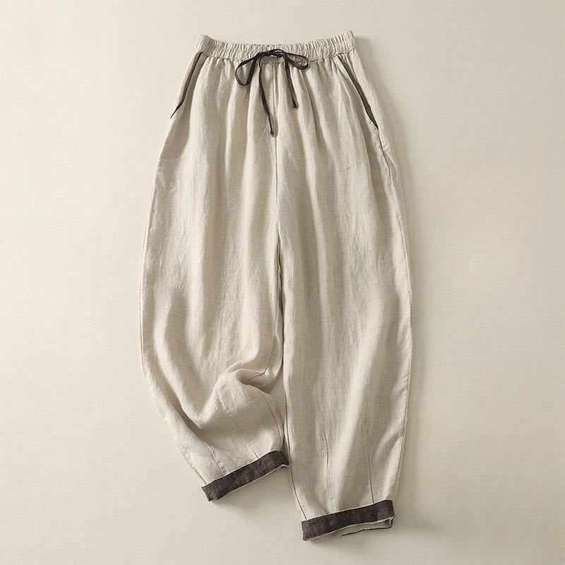 Buddha Stones Summer Casual Pure Color Drawstring 9 Length Cotton Linen Women's Harem Pants With Pockets - Linen - US8-10,UK/AU12-14,EU40-42 (2XL) - image 0