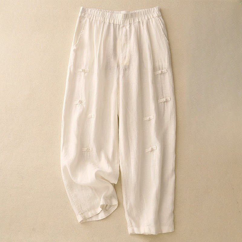 Buddha Stones Casual Plain Frog-Button Design 7-8 Length Cotton Linen Women's Harem Pants With Pockets - OldLace - US8-10,UK/AU12-14,EU40-42 (2XL) - image 3