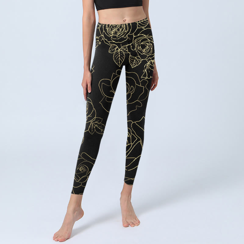 Buddha Stones Rose Flower Leaves Golden Line Pattern Print Gym Leggings Women's Yoga Pants - image 6