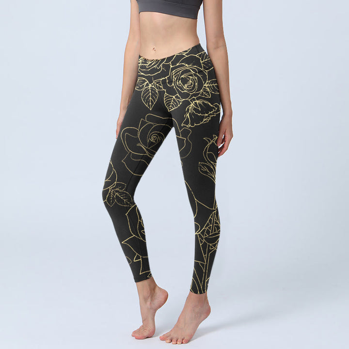 Buddha Stones Rose Flower Leaves Golden Line Pattern Print Gym Leggings Women's Yoga Pants - Black - US18,UK/AU22,EU50 (4XL) - image 1