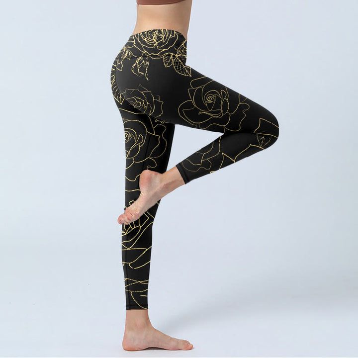 Buddha Stones Rose Flower Leaves Golden Line Pattern Print Gym Leggings Women's Yoga Pants - image 4