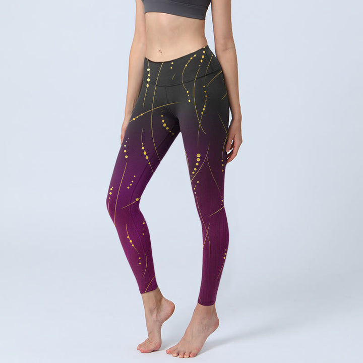 Buddha Stones Abstract Gradient Thin And Long Gold Line Pattern Print Gym Leggings Women's Yoga Pants - Purple - US18,UK/AU22,EU50 (4XL) - image 1