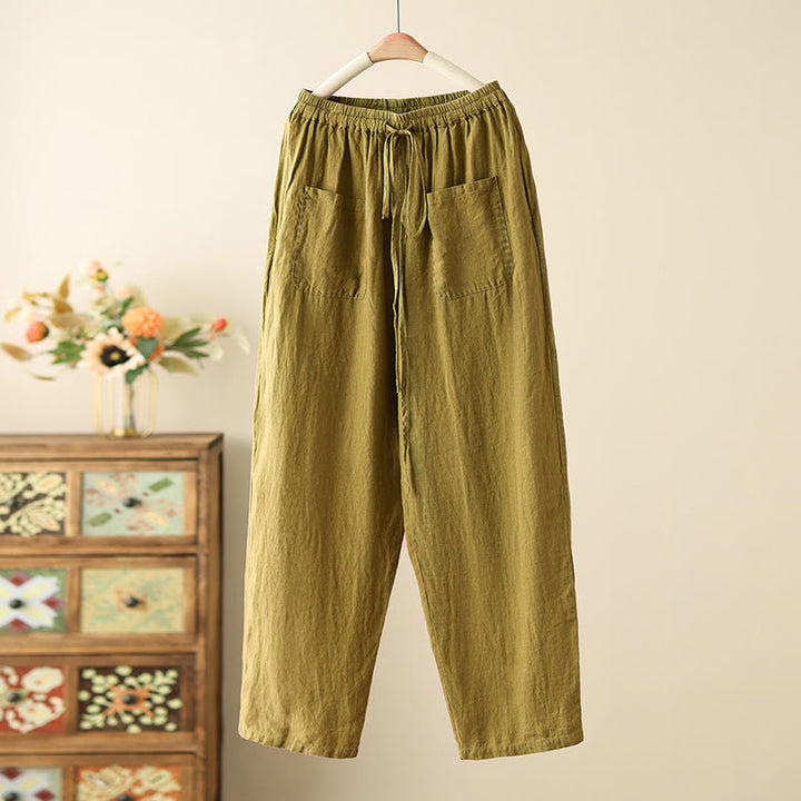 Buddha Stones Casual Plain Wrinkles Design Drawstring 9 Length Cotton Linen Women's Wide Leg Pants With Pockets - OliveDrab - US8-10,UK/AU12-14,EU40-42 (2XL) - image 17