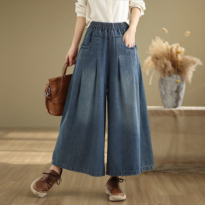 Buddha Stones Fall Vintage Distressed Design High Waist Women's Wide Leg Pants With Pockets - DarkBlue - US8-10,UK/AU12-14,EU40-42 (2XL) - image 0