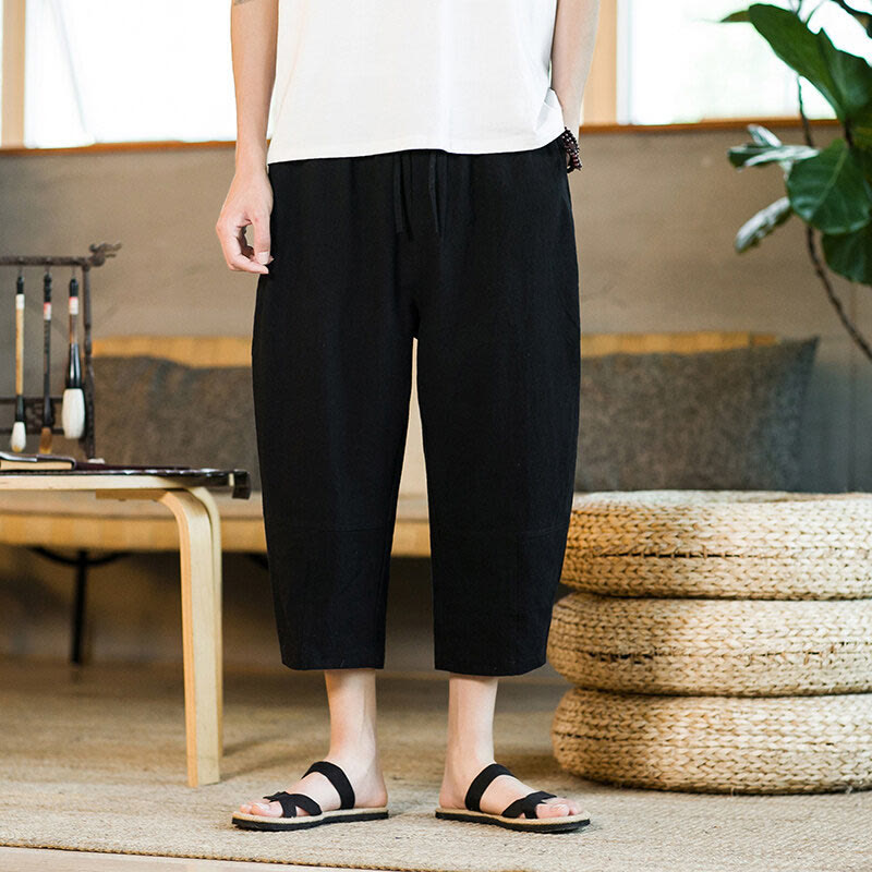 Buddha Stones Simple Design Drawstring Cotton Linen Men's Solid Color Harem Pants With Pockets - Black - US/UK/AU46,EU56 (5XL) - image 9