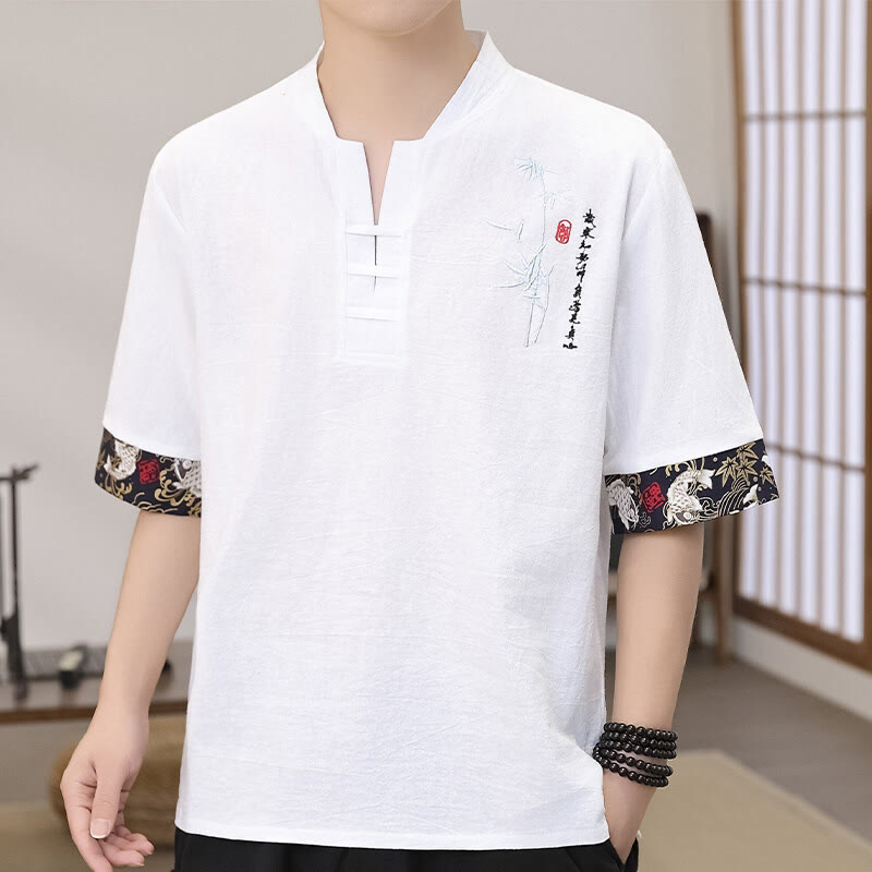 Buddha Stones Summer Embroidery Bamboo Pattern Patchwork Design Men's Half Sleeve Cotton Linen T-Shirt - White - US/UK/AU46,EU56 (5XL) - image 0