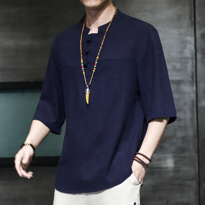 Buddha Stones Casual Vintage  Chinese Frog-Button Men's Half Sleeve Cotton Linen T-Shirt - MidnightBlue - US/UK/AU46,EU56 (5XL) - image 19