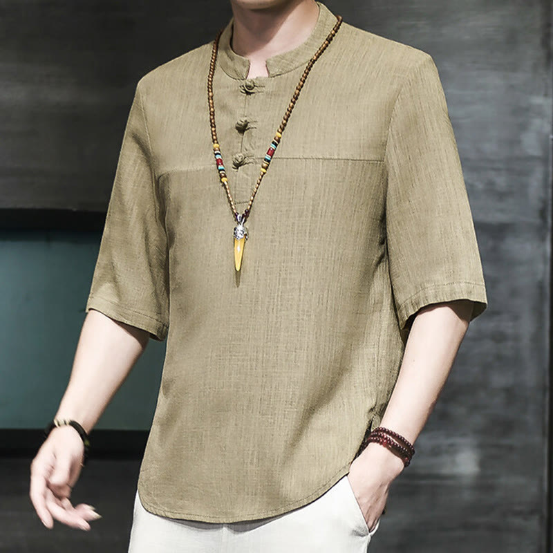 Buddha Stones Casual Vintage  Chinese Frog-Button Men's Half Sleeve Cotton Linen T-Shirt - DarkKhaki - US/UK/AU46,EU56 (5XL) - image 0
