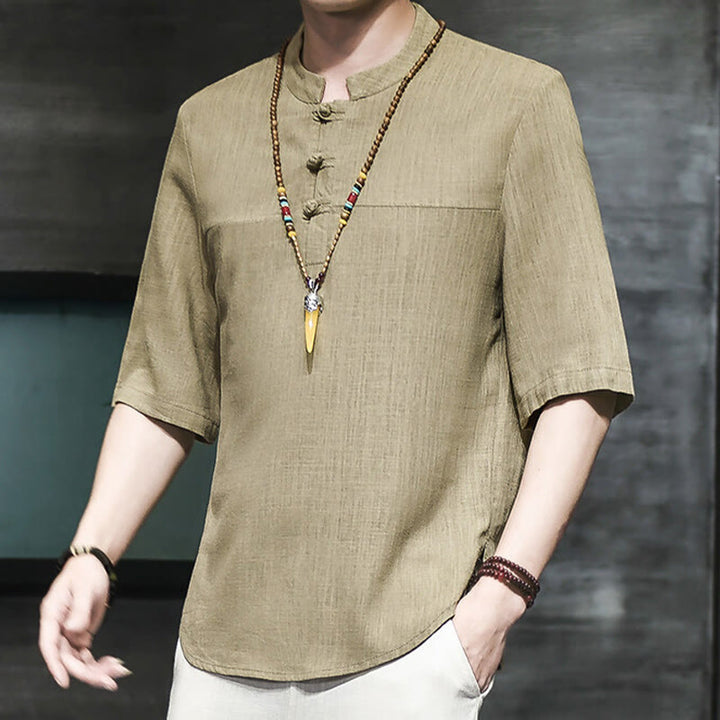 Buddha Stones Casual Vintage  Chinese Frog-Button Men's Half Sleeve Cotton Linen T-Shirt - DarkKhaki - US/UK/AU46,EU56 (5XL) - image 0