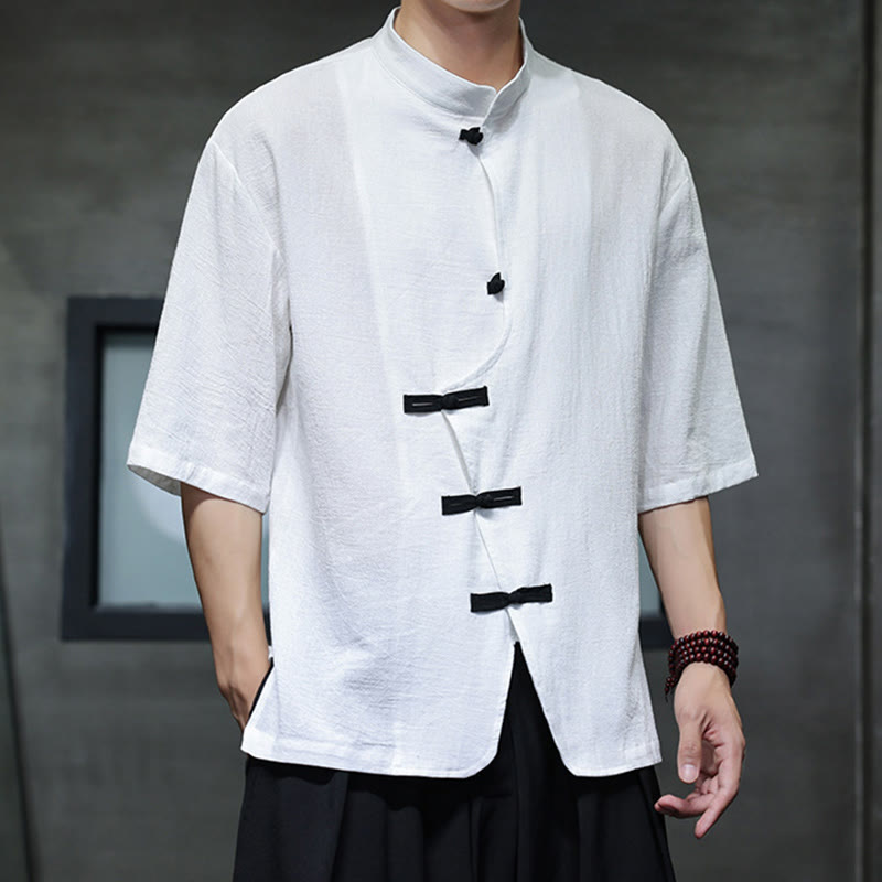Buddha Stones Plain Chinese Frog-Button Stand Collar Cotton Linen Men's Half Sleeve Shirt - White - US/UK/AU46,EU56 (5XL) - image 7