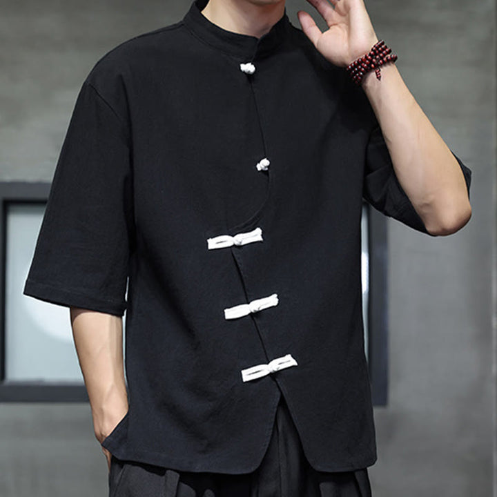 Buddha Stones Plain Chinese Frog-Button Stand Collar Cotton Linen Men's Half Sleeve Shirt - Black - US/UK/AU46,EU56 (5XL) - image 1