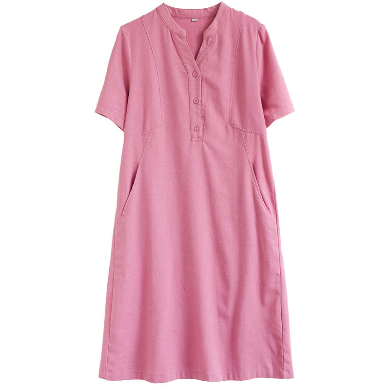 Buddha Stones Casual Daily Pure Color Button Design Short Sleeve Cotton Linen Midi Dress With Pockets - image 11