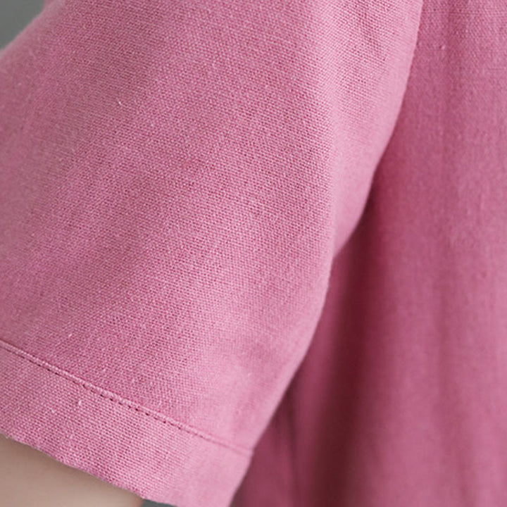 Buddha Stones Casual Daily Pure Color Button Design Short Sleeve Cotton Linen Midi Dress With Pockets - image 8