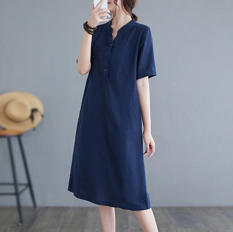 Buddha Stones Casual Daily Pure Color Button Design Short Sleeve Cotton Linen Midi Dress With Pockets - Navy - US8-10,UK/AU12-14,EU40-42 (2XL) - image 17