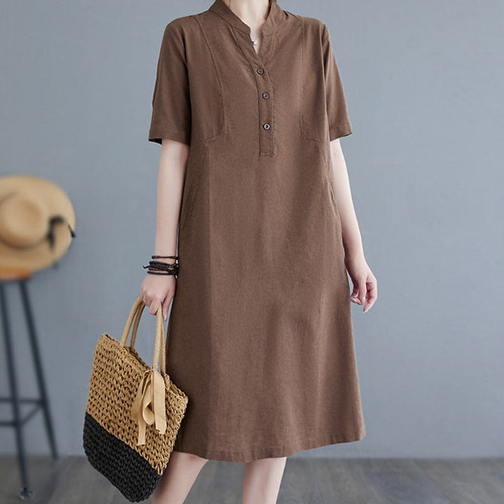 Buddha Stones Casual Daily Pure Color Button Design Short Sleeve Cotton Linen Midi Dress With Pockets - image 14