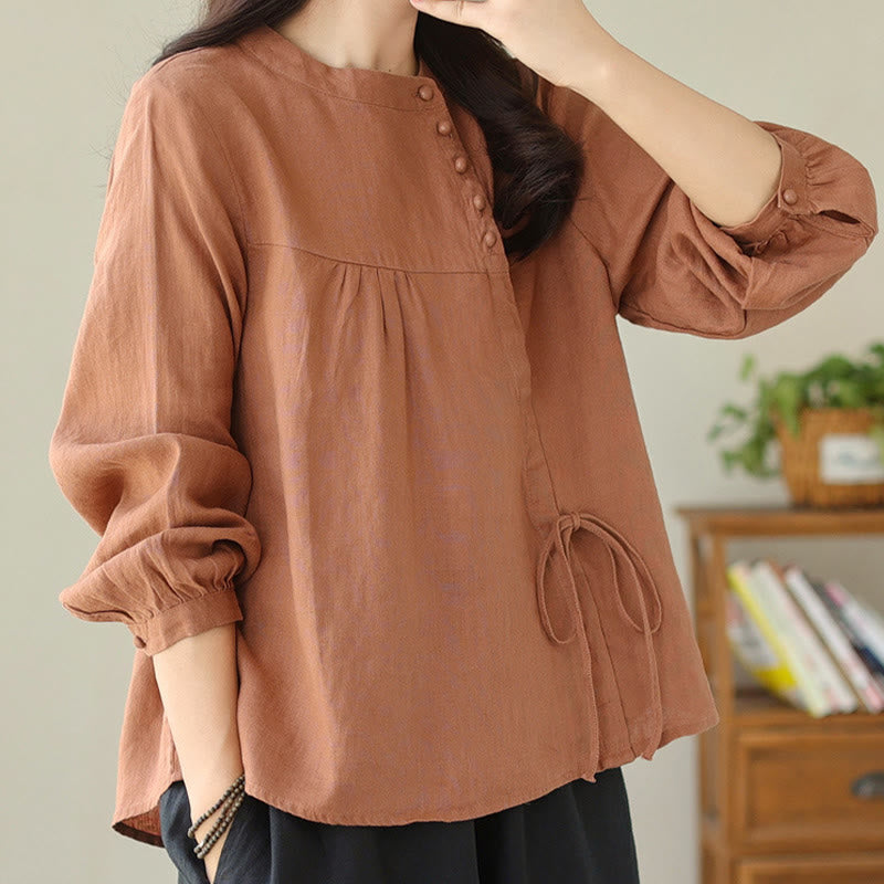 Buddha Stones Fall Casual Solid Color Stand Collar Long Sleeve Cotton Linen Women's Shirt - image 7
