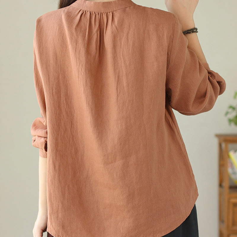 Buddha Stones Fall Casual Solid Color Stand Collar Long Sleeve Cotton Linen Women's Shirt - image 5