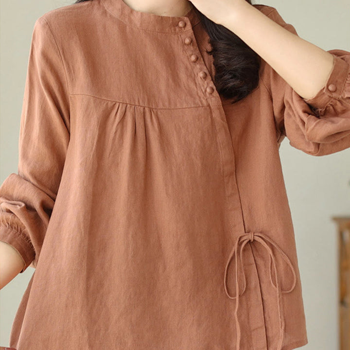 Buddha Stones Fall Casual Solid Color Stand Collar Long Sleeve Cotton Linen Women's Shirt - image 4