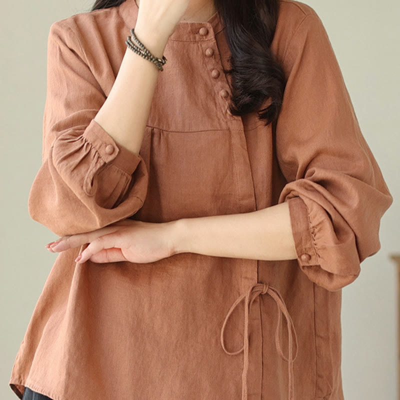 Buddha Stones Fall Casual Solid Color Stand Collar Long Sleeve Cotton Linen Women's Shirt - image 3