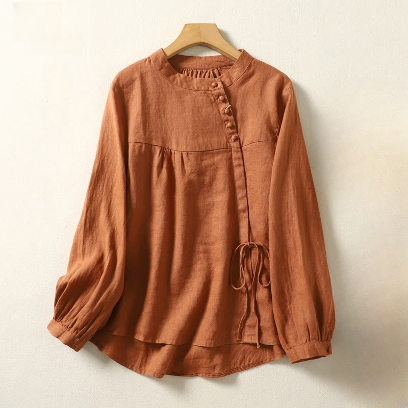 Buddha Stones Fall Casual Solid Color Stand Collar Long Sleeve Cotton Linen Women's Shirt - image 2