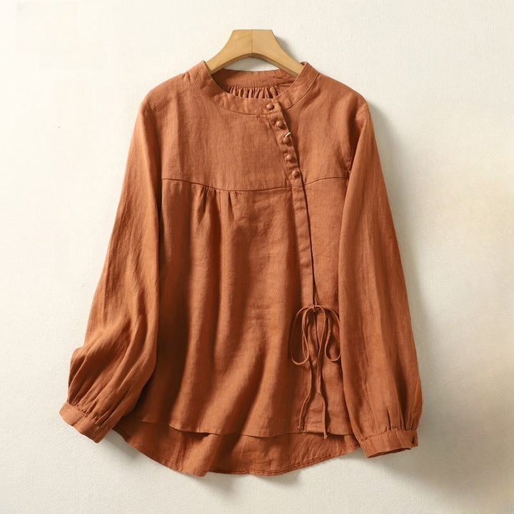 Buddha Stones Fall Casual Solid Color Stand Collar Long Sleeve Cotton Linen Women's Shirt - image 2