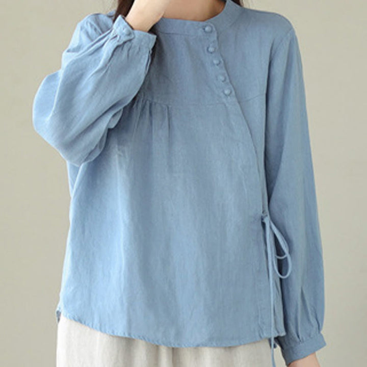 Buddha Stones Fall Casual Solid Color Stand Collar Long Sleeve Cotton Linen Women's Shirt - image 10
