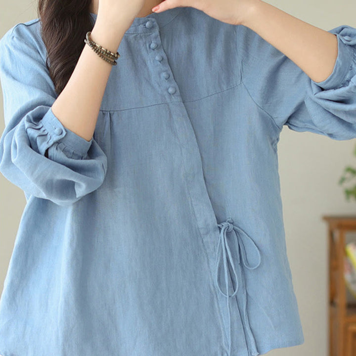 Buddha Stones Fall Casual Solid Color Stand Collar Long Sleeve Cotton Linen Women's Shirt - LightSkyBlue - US8-10,UK/AU12-14,EU40-42 (2XL) - image 8