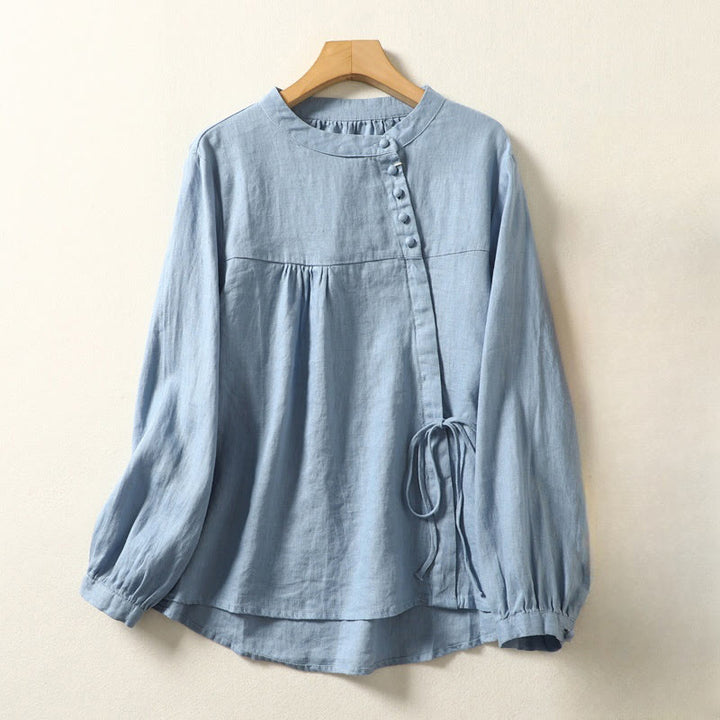 Buddha Stones Fall Casual Solid Color Stand Collar Long Sleeve Cotton Linen Women's Shirt - image 9