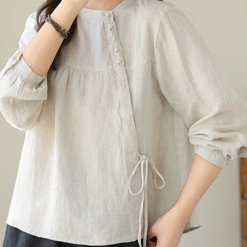 Buddha Stones Fall Casual Solid Color Stand Collar Long Sleeve Cotton Linen Women's Shirt - image 16