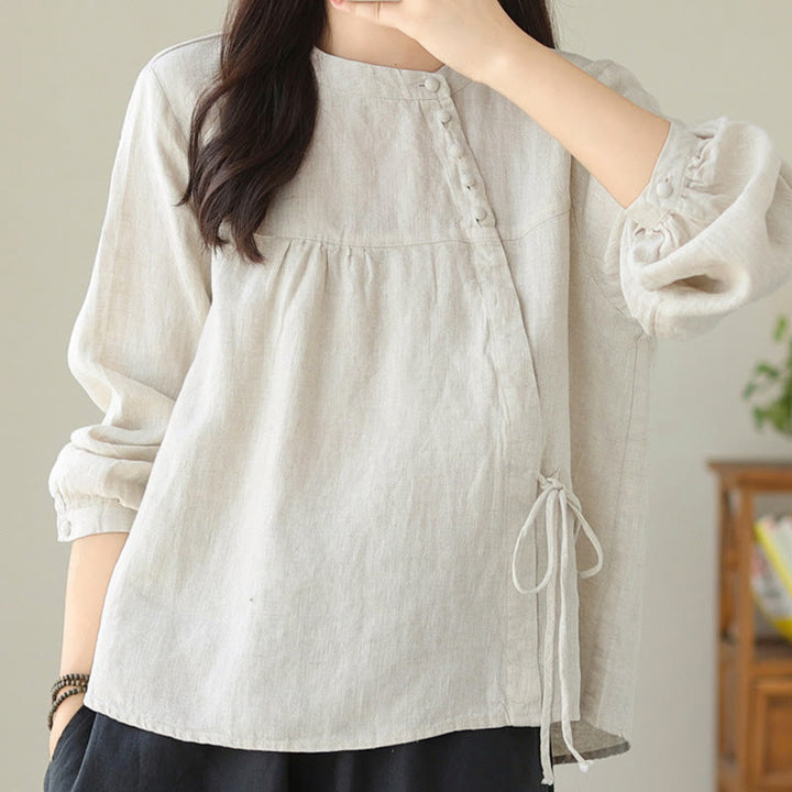 Buddha Stones Fall Casual Solid Color Stand Collar Long Sleeve Cotton Linen Women's Shirt - image 19