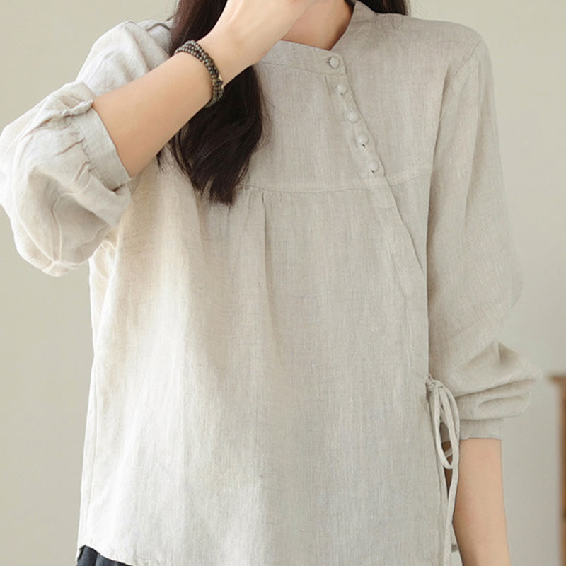 Buddha Stones Fall Casual Solid Color Stand Collar Long Sleeve Cotton Linen Women's Shirt - image 18