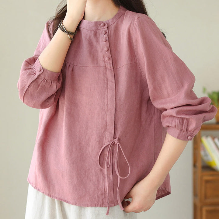 Buddha Stones Fall Casual Solid Color Stand Collar Long Sleeve Cotton Linen Women's Shirt - image 27