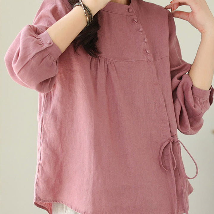 Buddha Stones Fall Casual Solid Color Stand Collar Long Sleeve Cotton Linen Women's Shirt - image 25