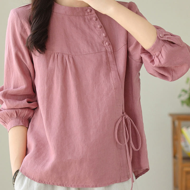 Buddha Stones Fall Casual Solid Color Stand Collar Long Sleeve Cotton Linen Women's Shirt - image 28