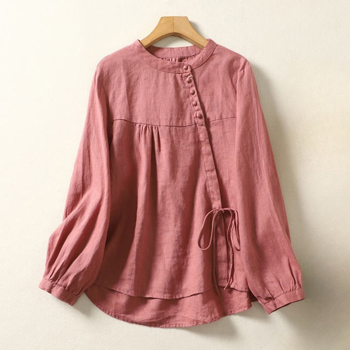 Buddha Stones Fall Casual Solid Color Stand Collar Long Sleeve Cotton Linen Women's Shirt - image 23