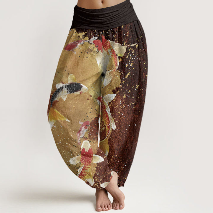 Buddha Stones Casual Koi Fish Gold Ink Background Pattern Women's Elastic Waist Harem Pants - SaddleBrown - US22,UK/AU26,EU54 (6XL) - image 8