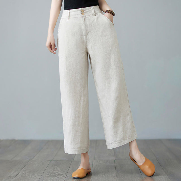 Buddha Stones Daily Solid Color Patchwork Simple Design Cotton Linen Women's Pants With Pockets - Beige - US8-10,UK/AU12-14,EU40-42 (2XL) - image 0