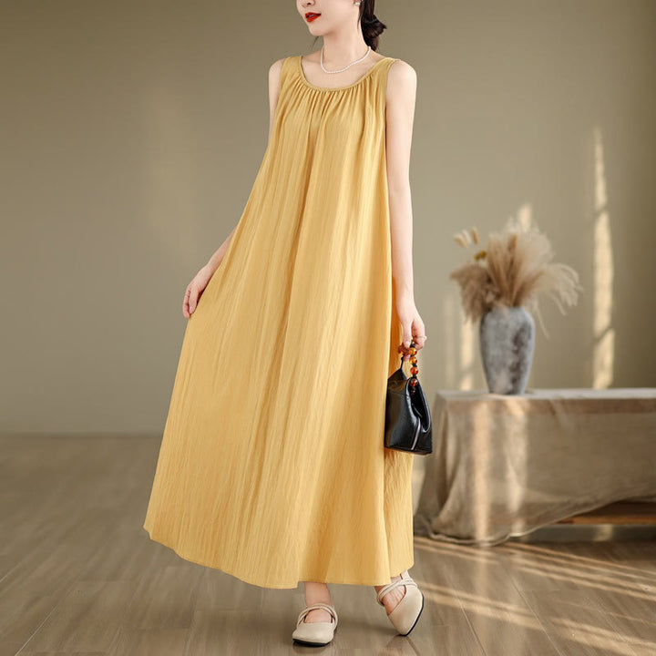 Buddha Stones Summer Casual Plain Pleated Design Sleeveless Crew Neck Cotton Midi Dress With Pockets - Khaki - US8-10,UK/AU12-14,EU40-42 (2XL) - image 3