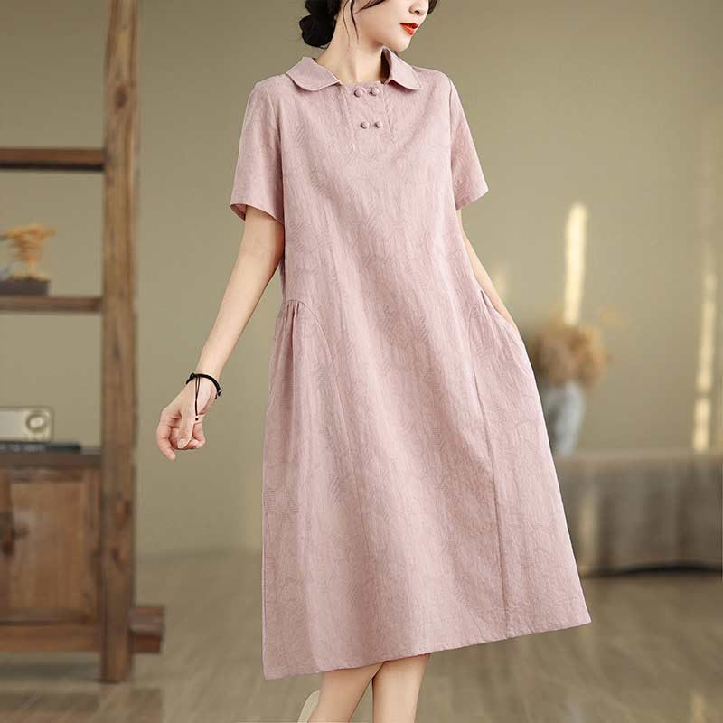 Buddha Stones Plain Jacquard Lapel Cotton Linen Short Sleeve Midi Dress With Pockets - Pink - US8-10,UK/AU12-14,EU40-42 (2XL) - image 27