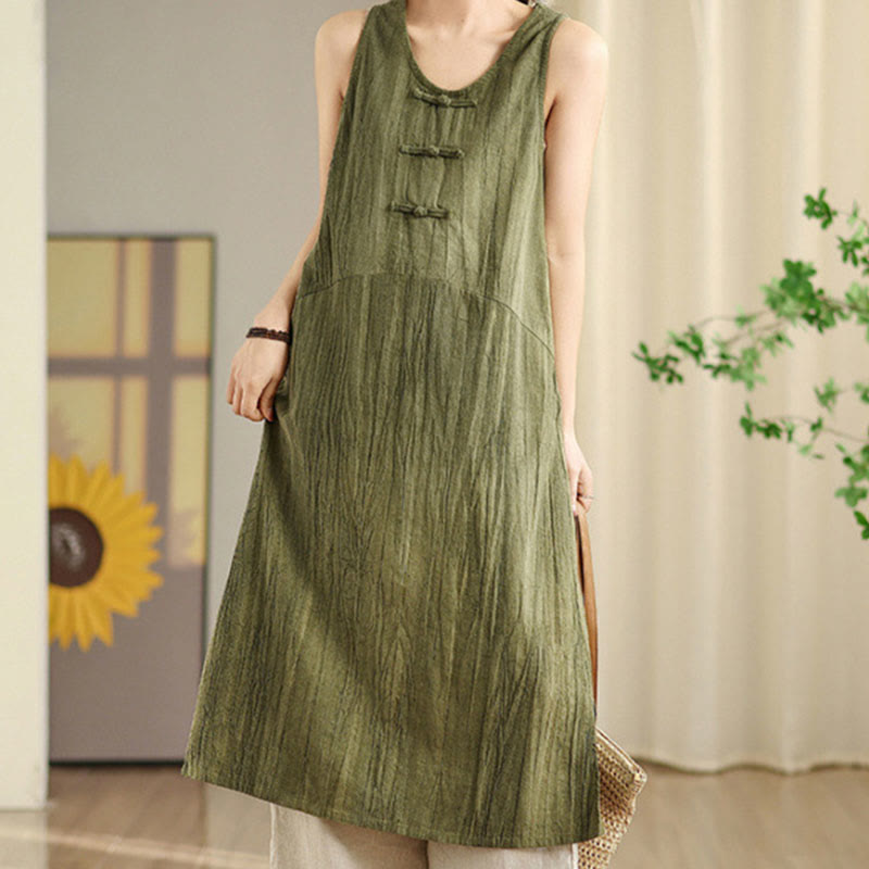 Buddha Stones Tie Dye Chinese Frog-Button Ramie Linen Sleeveless Midi Dress With Pockets - OliveDrab - US8-10,UK/AU12-14,EU40-42 (2XL) - image 0