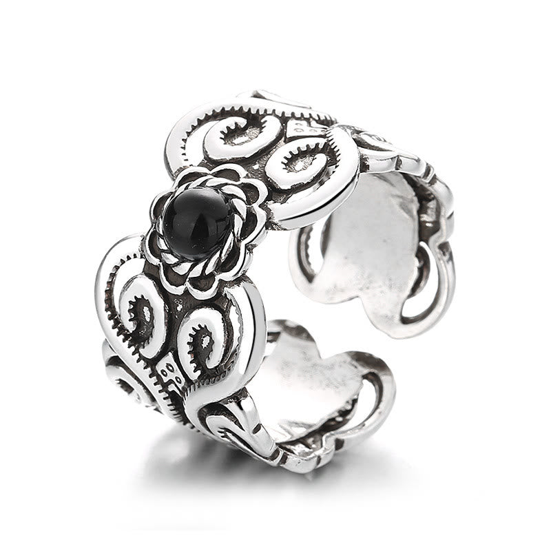 Buddha Stones Black Onyx Copper Mongolian Pattern Adjustable Fortune Ring