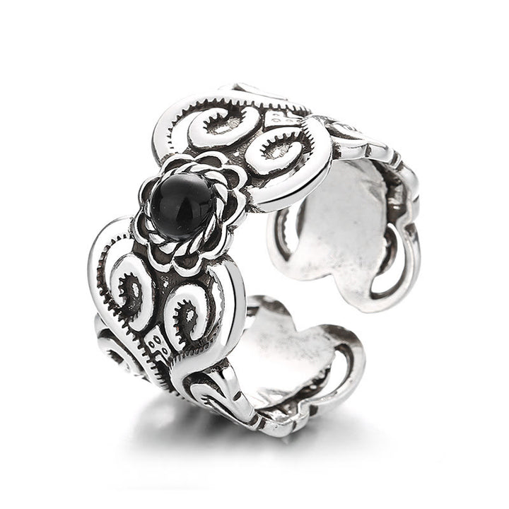 Buddha Stones Black Onyx Copper Mongolian Pattern Adjustable Fortune Ring